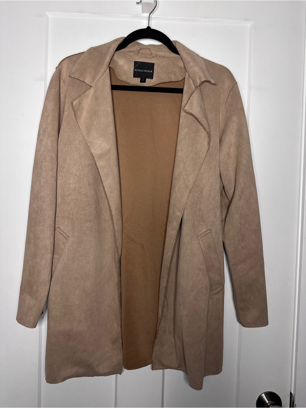 Buckle Black Women's Tan Open Front Fall Trench Coat Faux Suede
